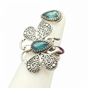 Aqua Sapphire Butterfly bypass ring adjustable - Solid Sterling Silver